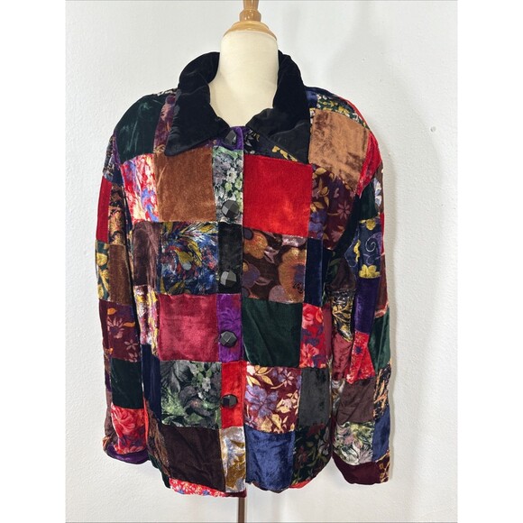 Upcycled Jacket Womens XXL Mixed Patched Velvet Boho Art Psychedellic Abstract - Picture 1 of 11